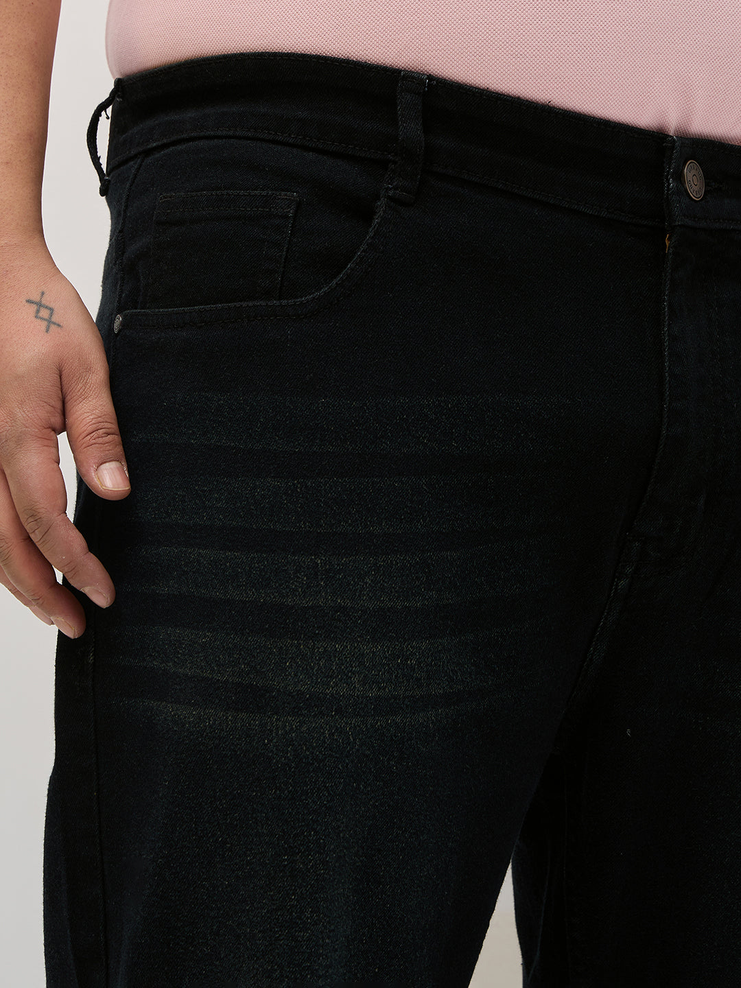 Plus Men's Black Regular Fit Whisker Washed Yellow Tint Denim Jeans Stretchable