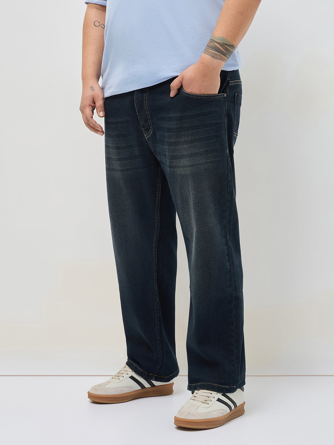 Plus Men's Carbon Blue Regular Fit Whisker Washed Yellow Tint Denim Jeans Stretchable