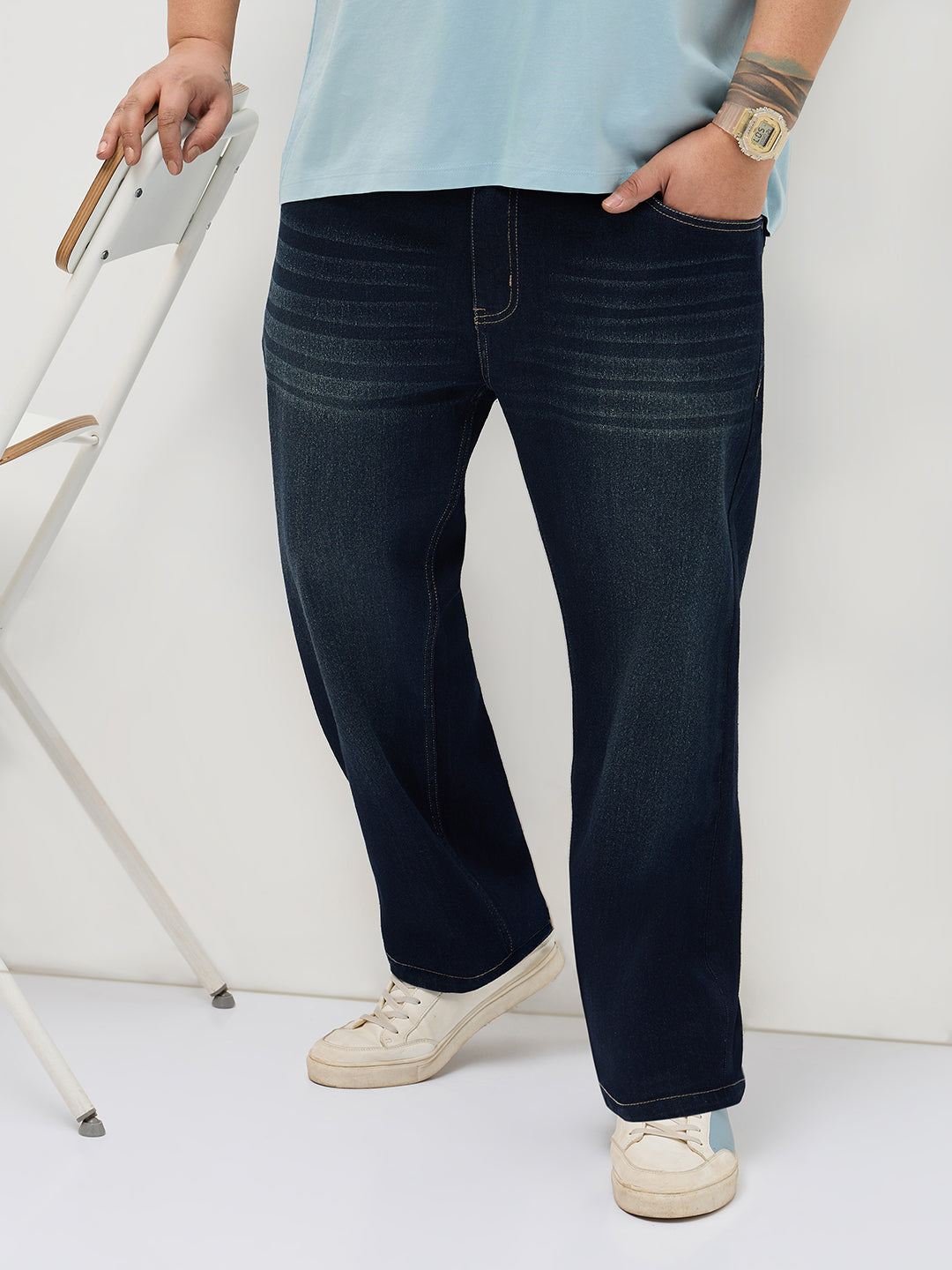 Plus Men's Dark Blue Regular Fit Whisker Washed Yellow Tint Denim Jeans Stretchable