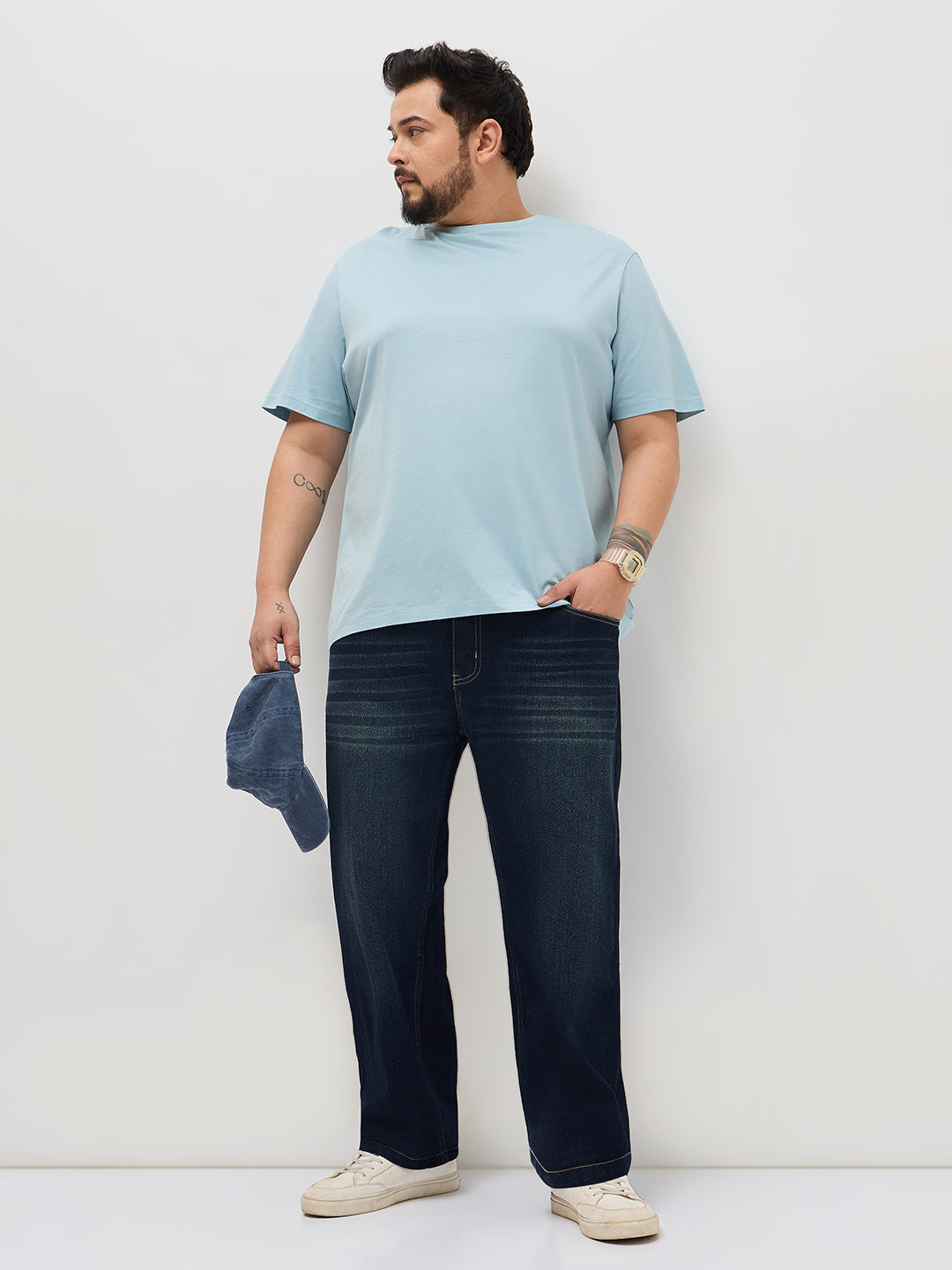 Plus Men's Dark Blue Regular Fit Whisker Washed Yellow Tint Denim Jeans Stretchable