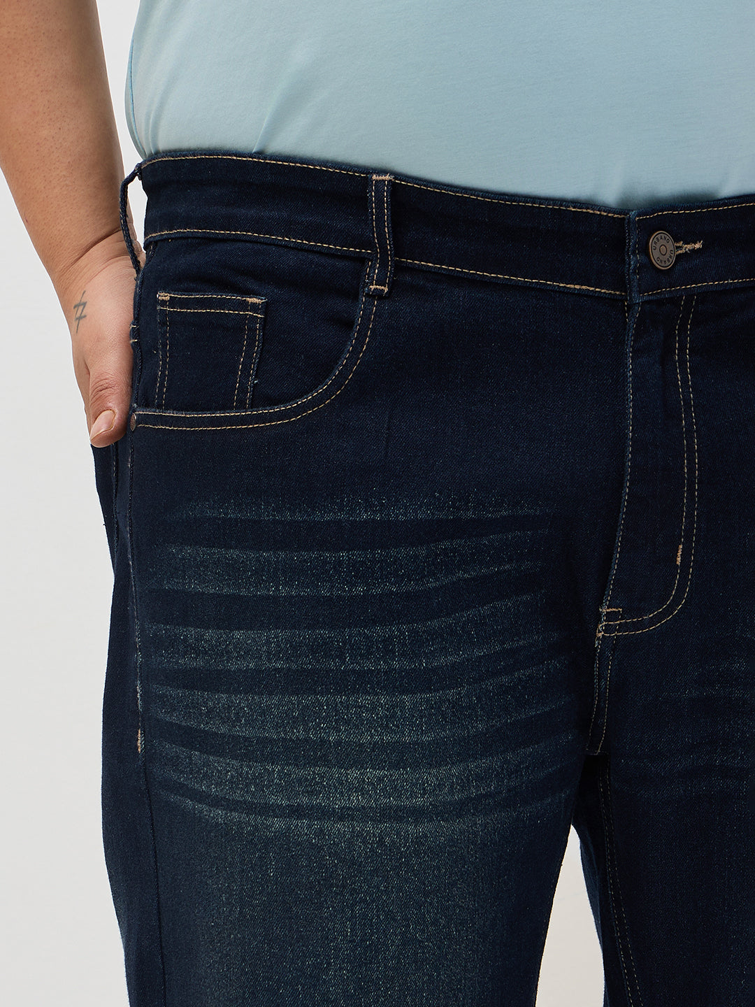 Plus Men's Dark Blue Regular Fit Whisker Washed Yellow Tint Denim Jeans Stretchable