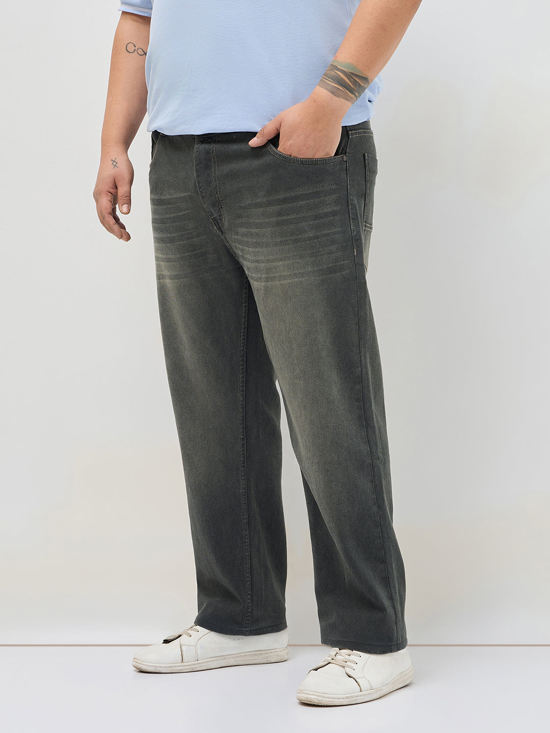 Plus Men's Dark Grey Regular Fit Whisker Washed Yellow Tint Denim Jeans Stretchable