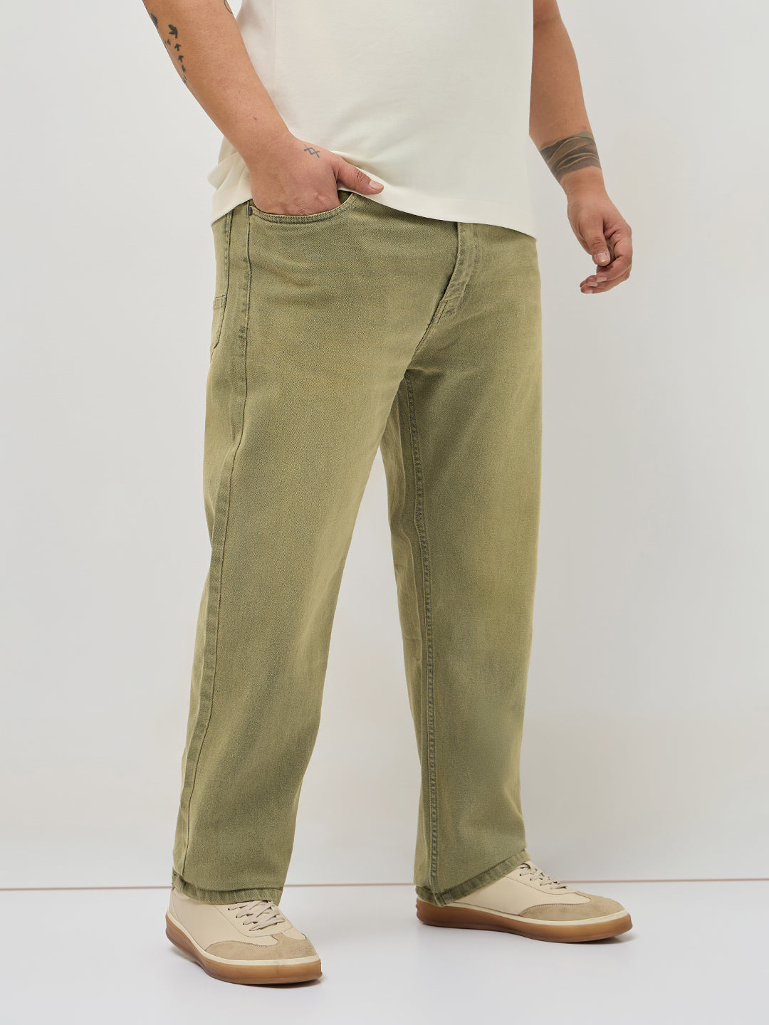 Plus Men's Ice Grey Regular Fit Whisker Washed Yellow Tint Denim Jeans Stretchable