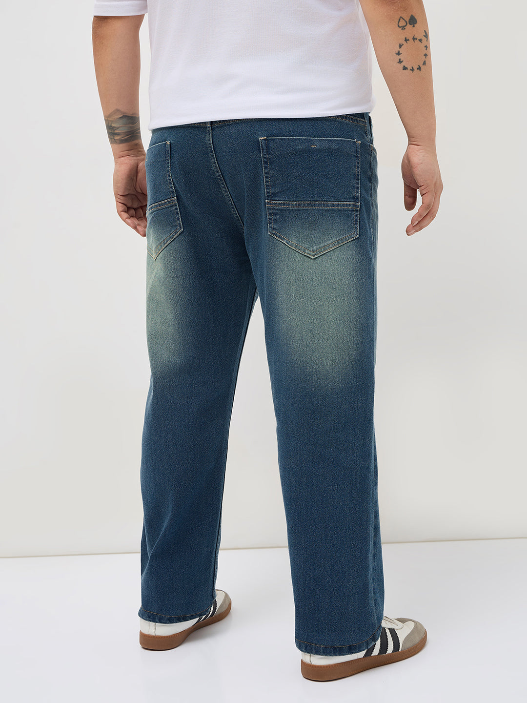 Plus Men's Light Blue Regular Fit Whisker Washed Yellow Tint Denim Jeans Stretchable