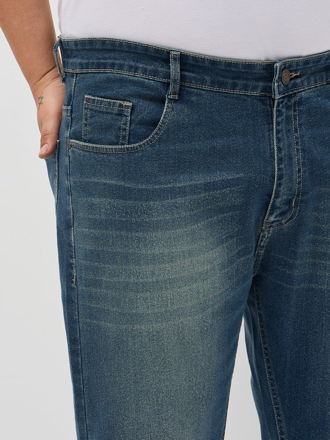 Plus Men's Light Blue Regular Fit Whisker Washed Yellow Tint Denim Jeans Stretchable