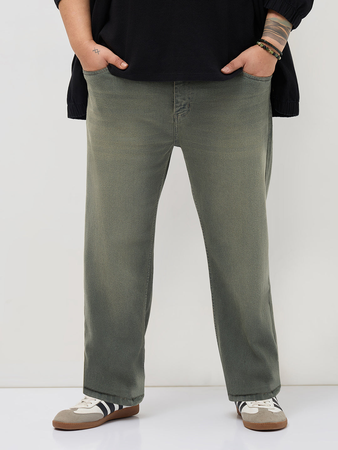 Plus Men's Grey Regular Fit Whisker Washed Yellow Tint Denim Jeans Stretchable