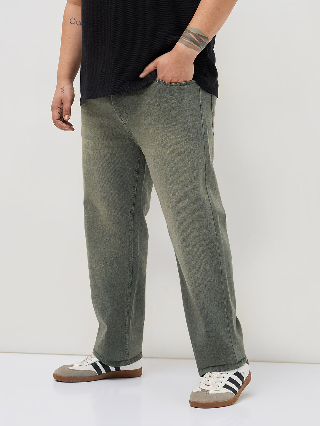 Plus Men's Grey Regular Fit Whisker Washed Yellow Tint Denim Jeans Stretchable