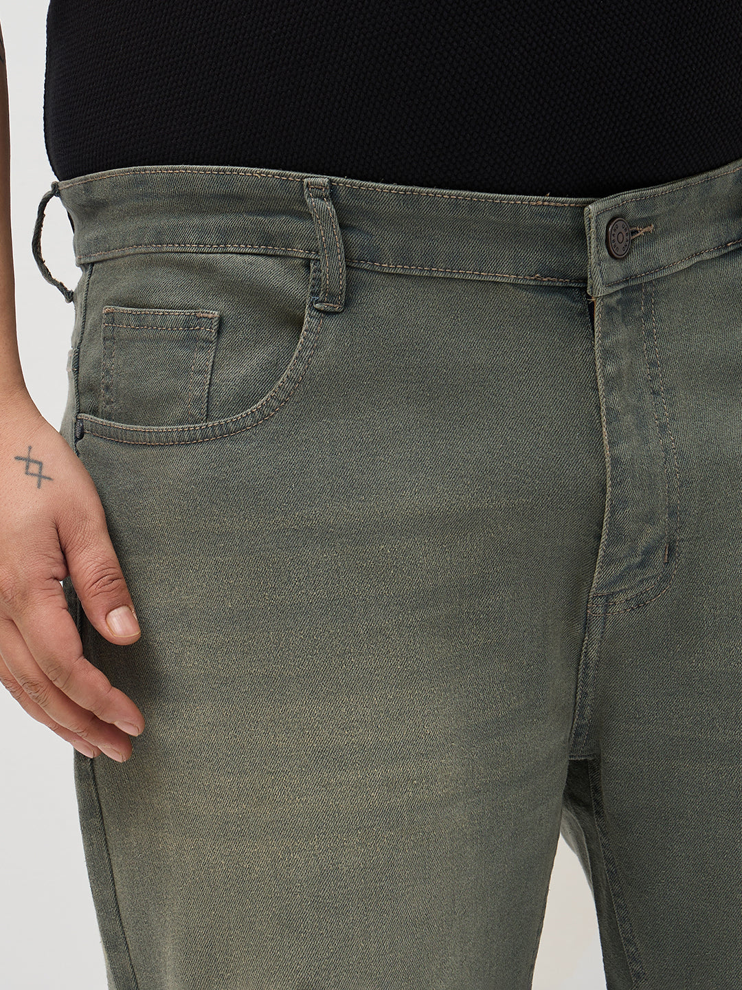 Plus Men's Grey Regular Fit Whisker Washed Yellow Tint Denim Jeans Stretchable