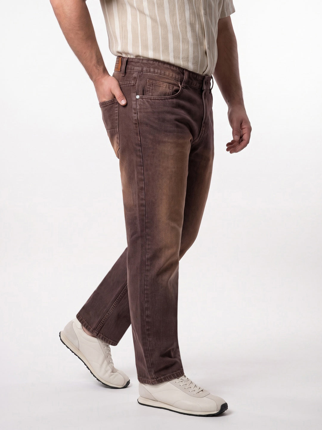 Plus Men's Brown Relaxed Fit Washed Denim Jeans Non-Stretchable