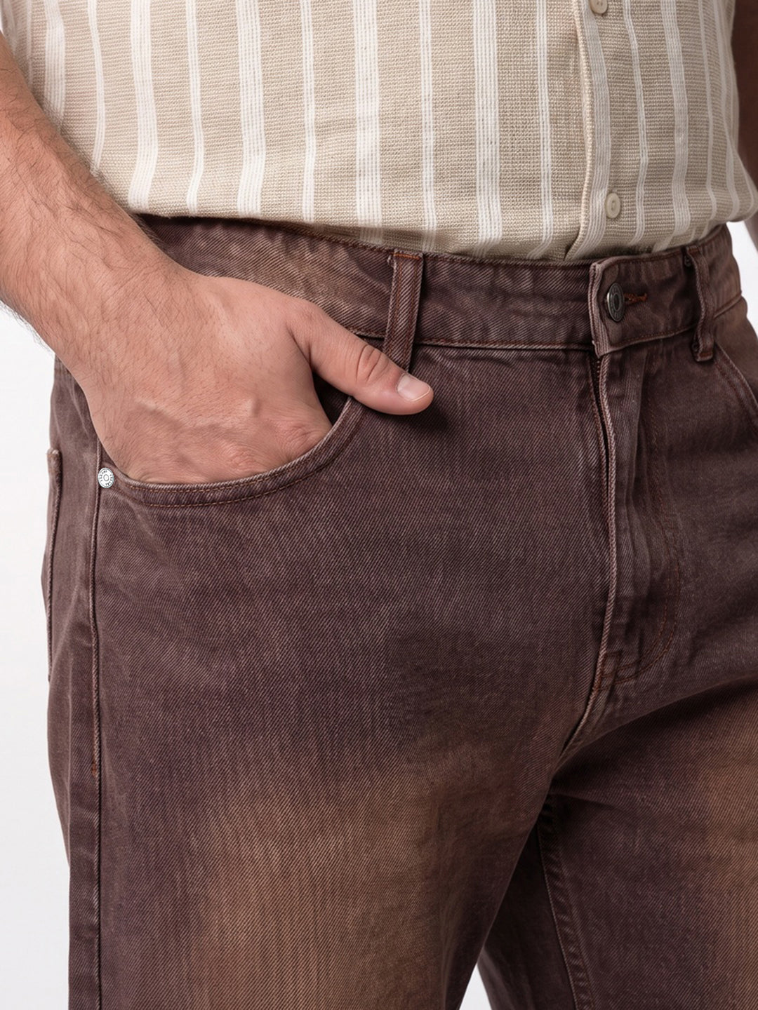 Plus Men's Brown Relaxed Fit Washed Denim Jeans Non-Stretchable