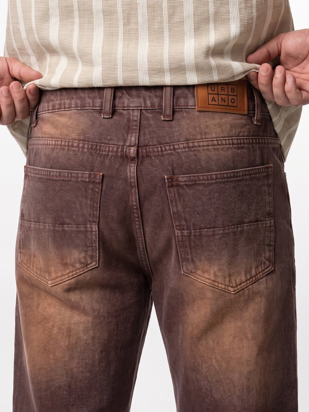 Plus Men's Brown Relaxed Fit Washed Denim Jeans Non-Stretchable