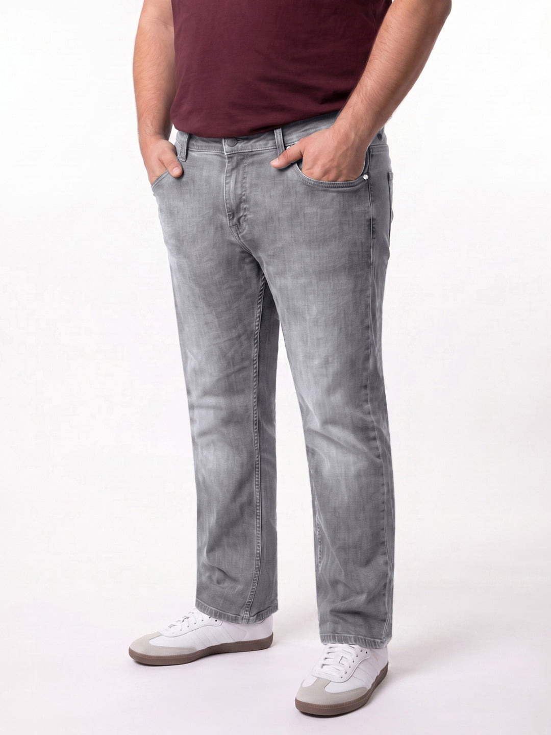 Plus Men's Light Grey Relaxed Fit Washed Denim Jeans Non-Stretchable