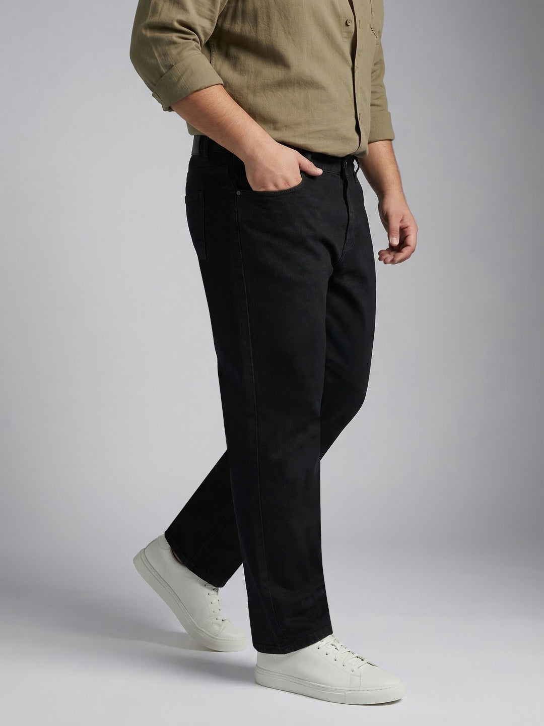 Plus Men's Black Relaxed Fit Washed Denim Jeans Non-Stretchable