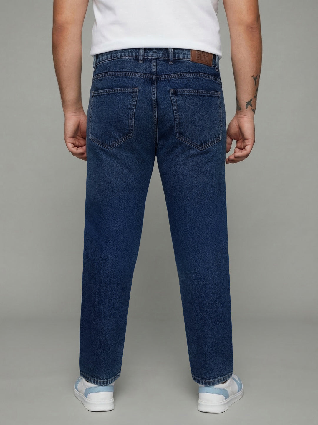 Plus Men's Dark Blue Relaxed Fit Washed Denim Jeans Non-Stretchable