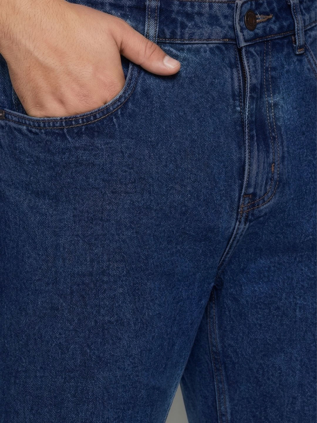 Plus Men's Dark Blue Relaxed Fit Washed Denim Jeans Non-Stretchable