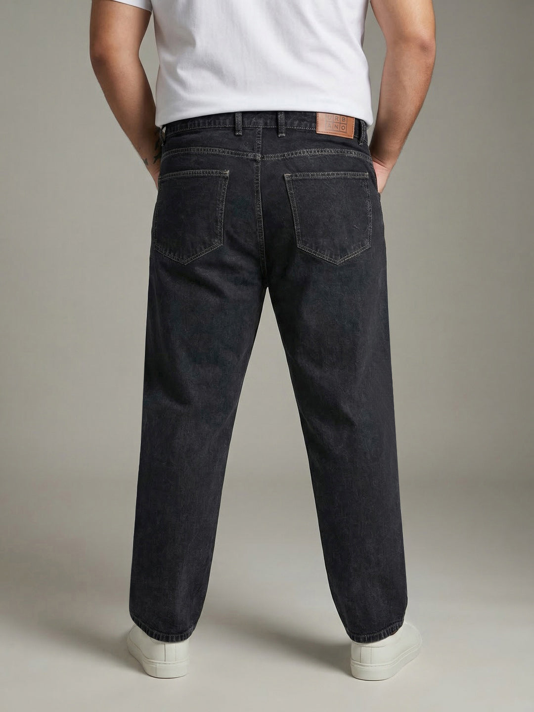 Plus Men's Dark Grey Relaxed Fit Washed Denim Jeans Non-Stretchable