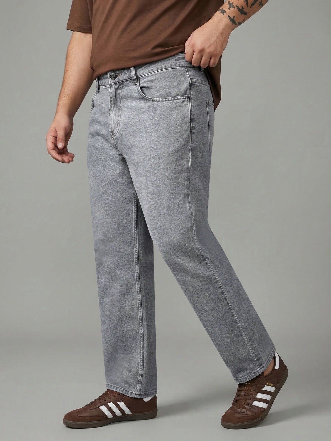 Plus Men's Ice Grey Relaxed Fit Washed Denim Jeans Non-Stretchable
