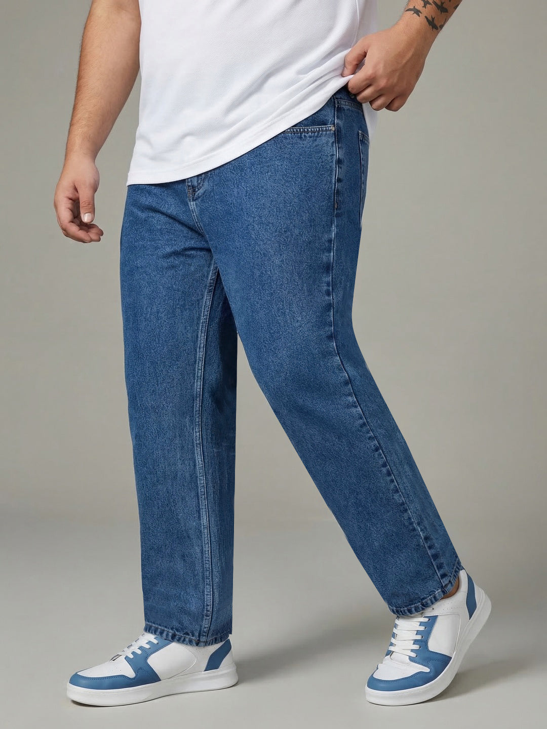 Plus Men's Light Blue Relaxed Fit Washed Denim Jeans Non-Stretchable