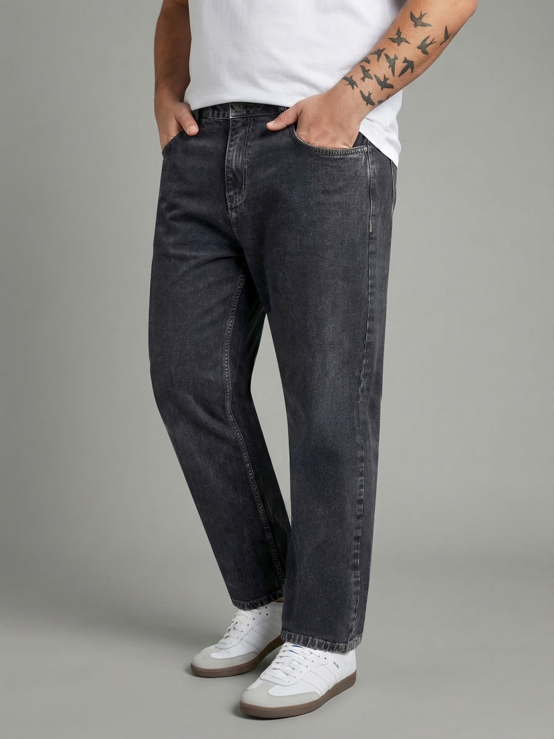 Plus Men's Grey Relaxed Fit Washed Denim Jeans Non-Stretchable