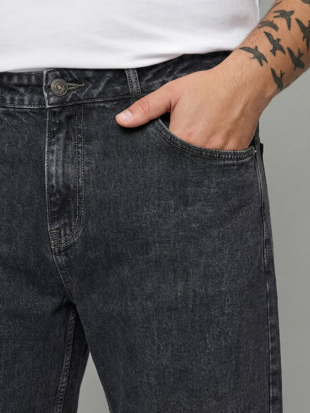 Plus Men's Grey Relaxed Fit Washed Denim Jeans Non-Stretchable