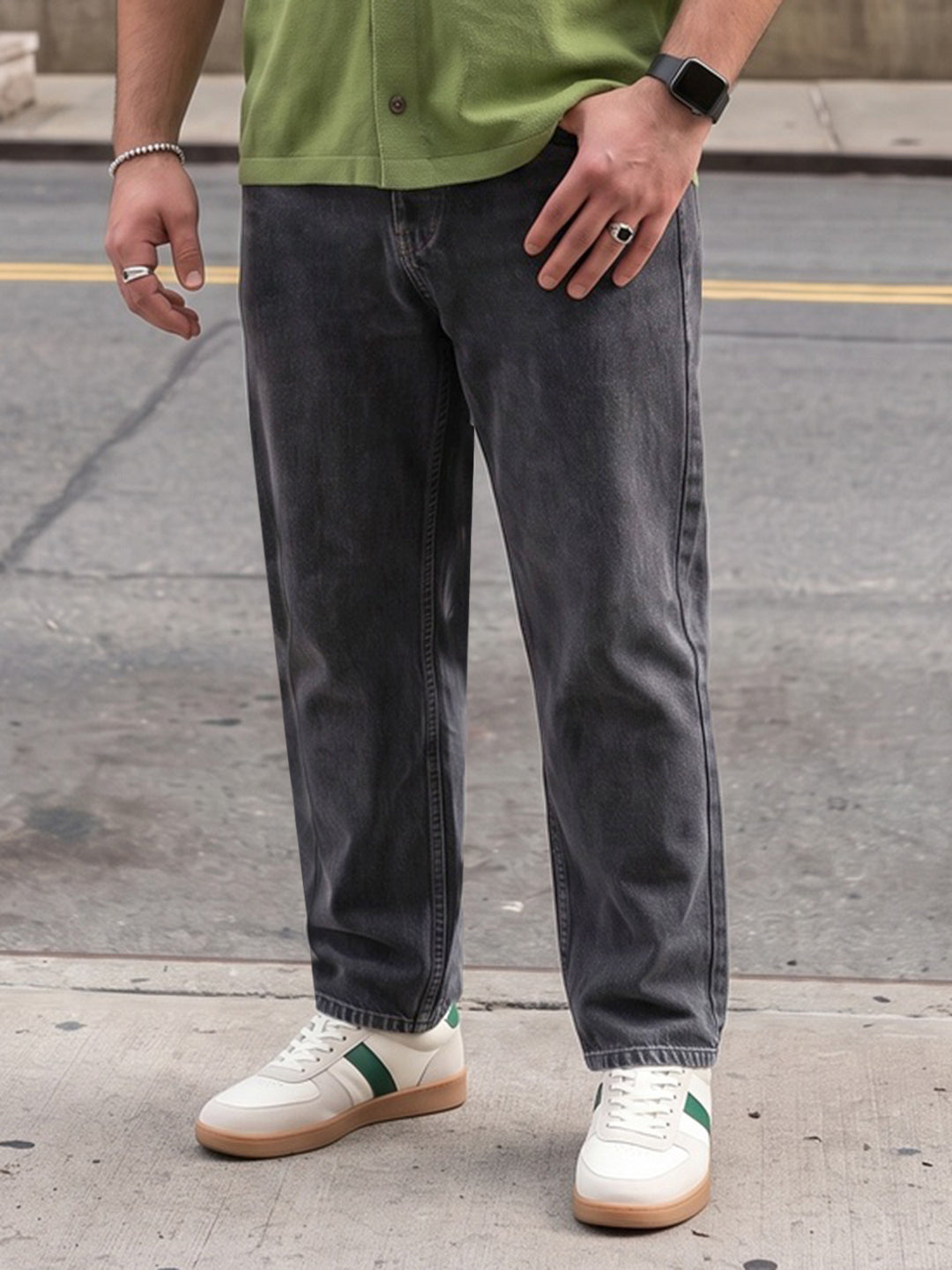 Plus Men's Grey Relaxed Fit Washed Denim Jeans Non-Stretchable