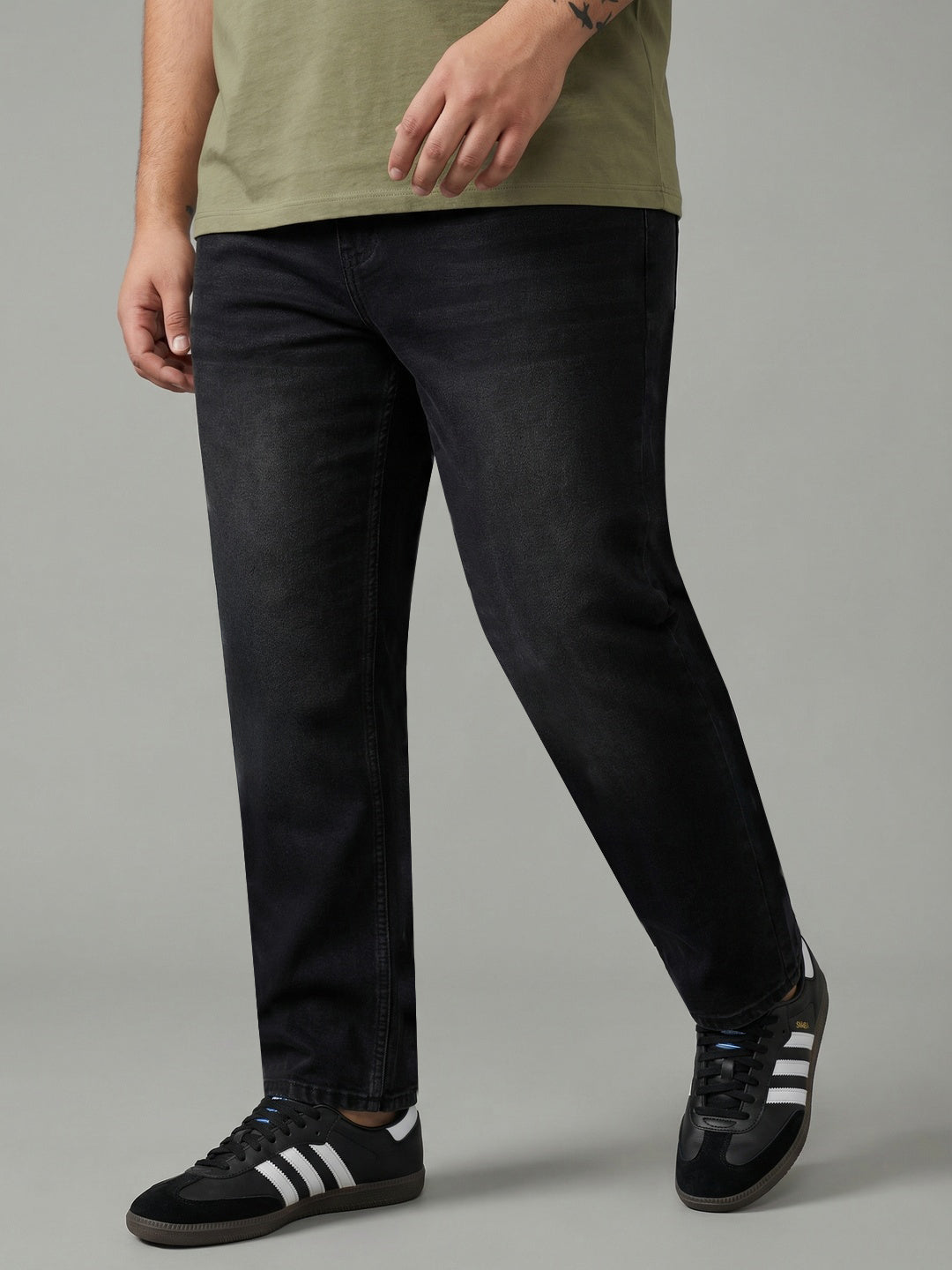 Plus Men's Black Relaxed Fit Washed Denim Jeans Non-Stretchable