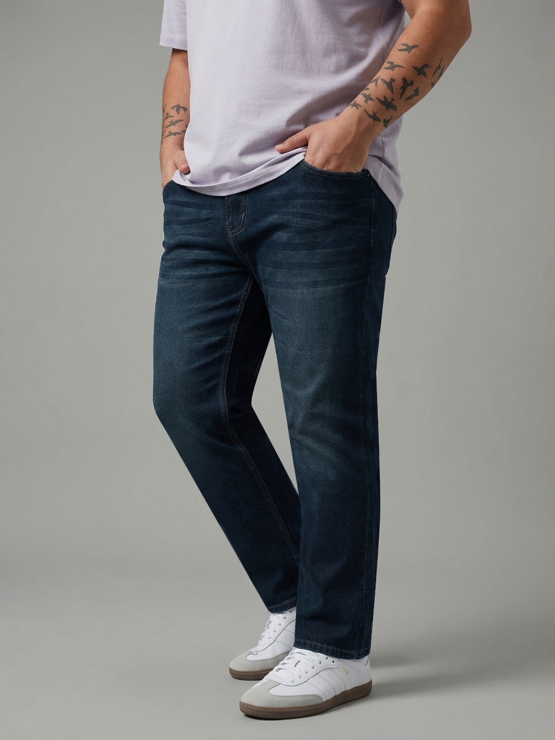 Plus Men's Dark Blue Relaxed Fit Washed Denim Jeans Non-Stretchable