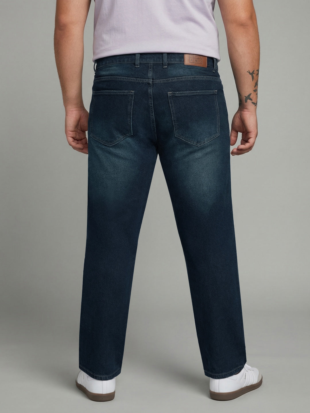 Plus Men's Dark Blue Relaxed Fit Washed Denim Jeans Non-Stretchable