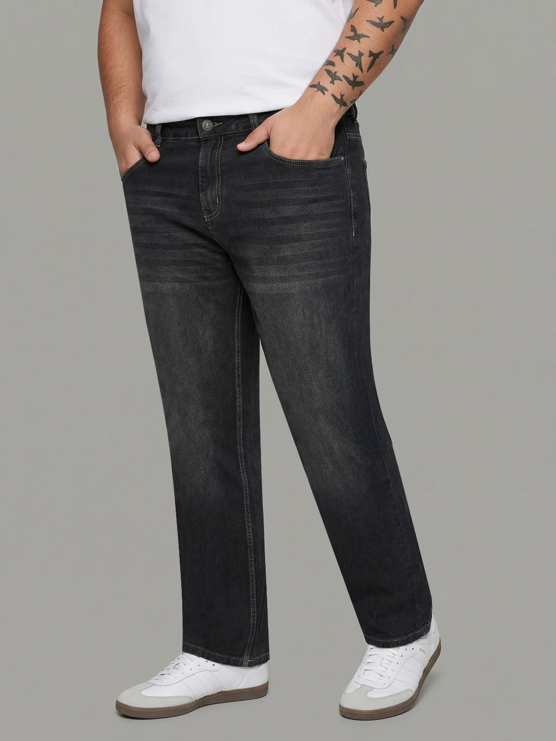 Plus Men's Dark Grey Relaxed Fit Washed Denim Jeans Non-Stretchable