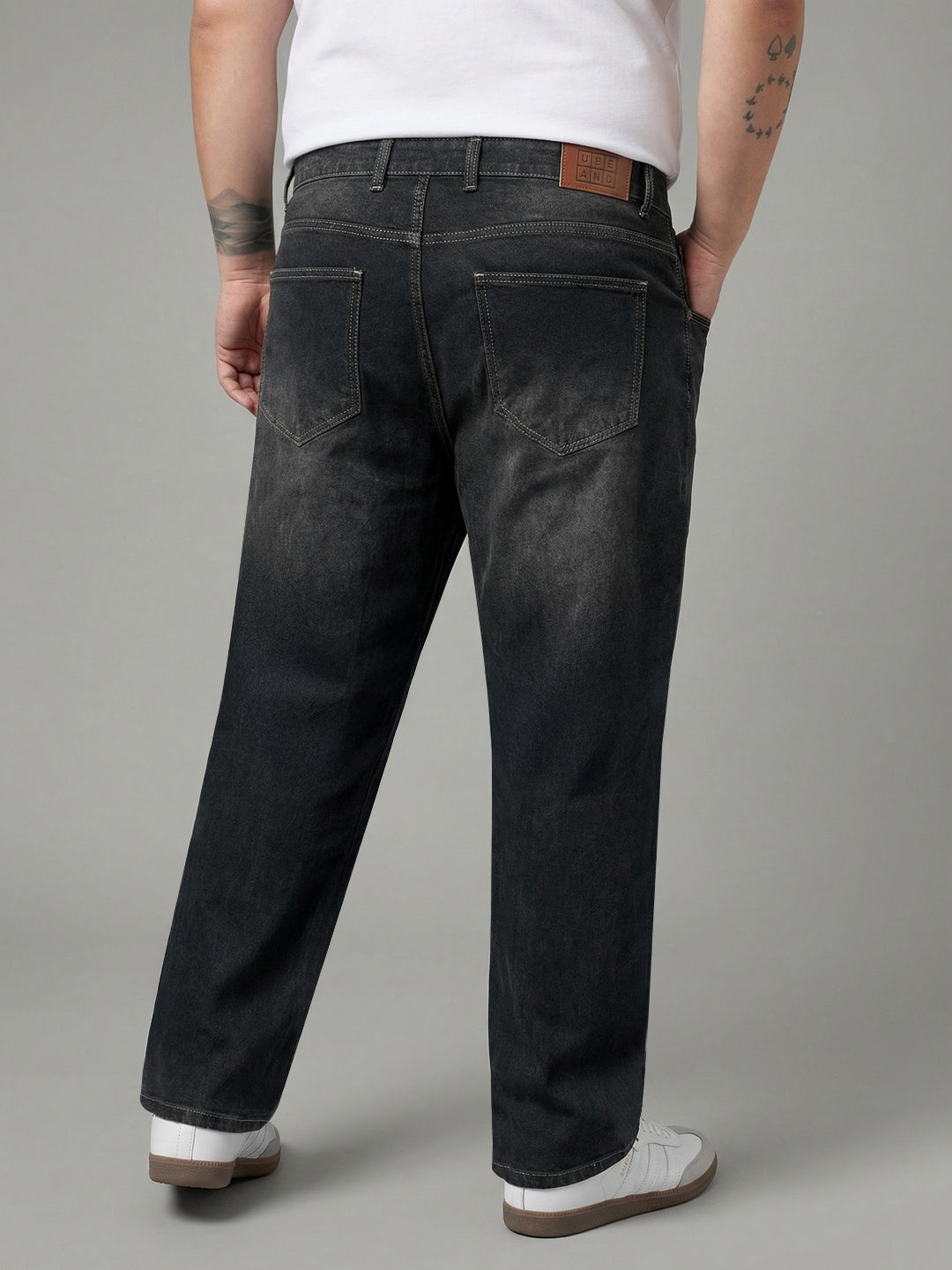 Plus Men's Dark Grey Relaxed Fit Washed Denim Jeans Non-Stretchable