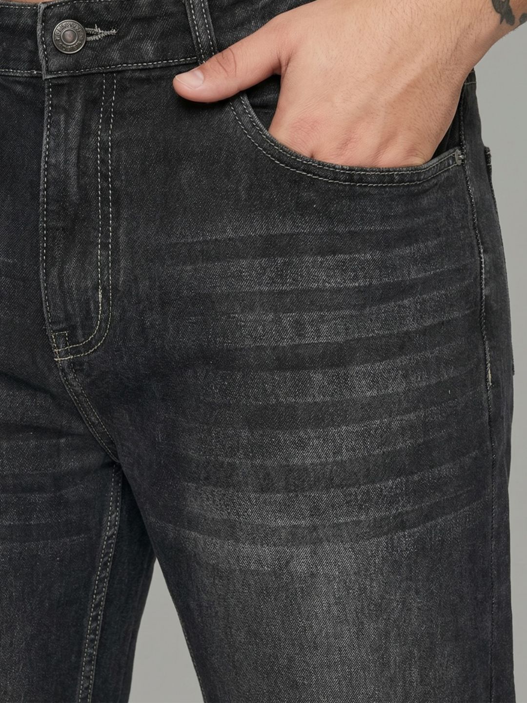 Plus Men's Dark Grey Relaxed Fit Washed Denim Jeans Non-Stretchable