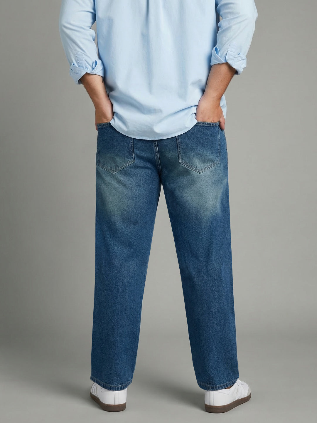 Plus Men's Light Blue Relaxed Fit Washed Denim Jeans Non-Stretchable