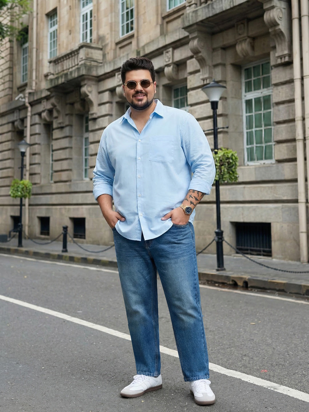 Plus Men's Light Blue Relaxed Fit Washed Denim Jeans Non-Stretchable