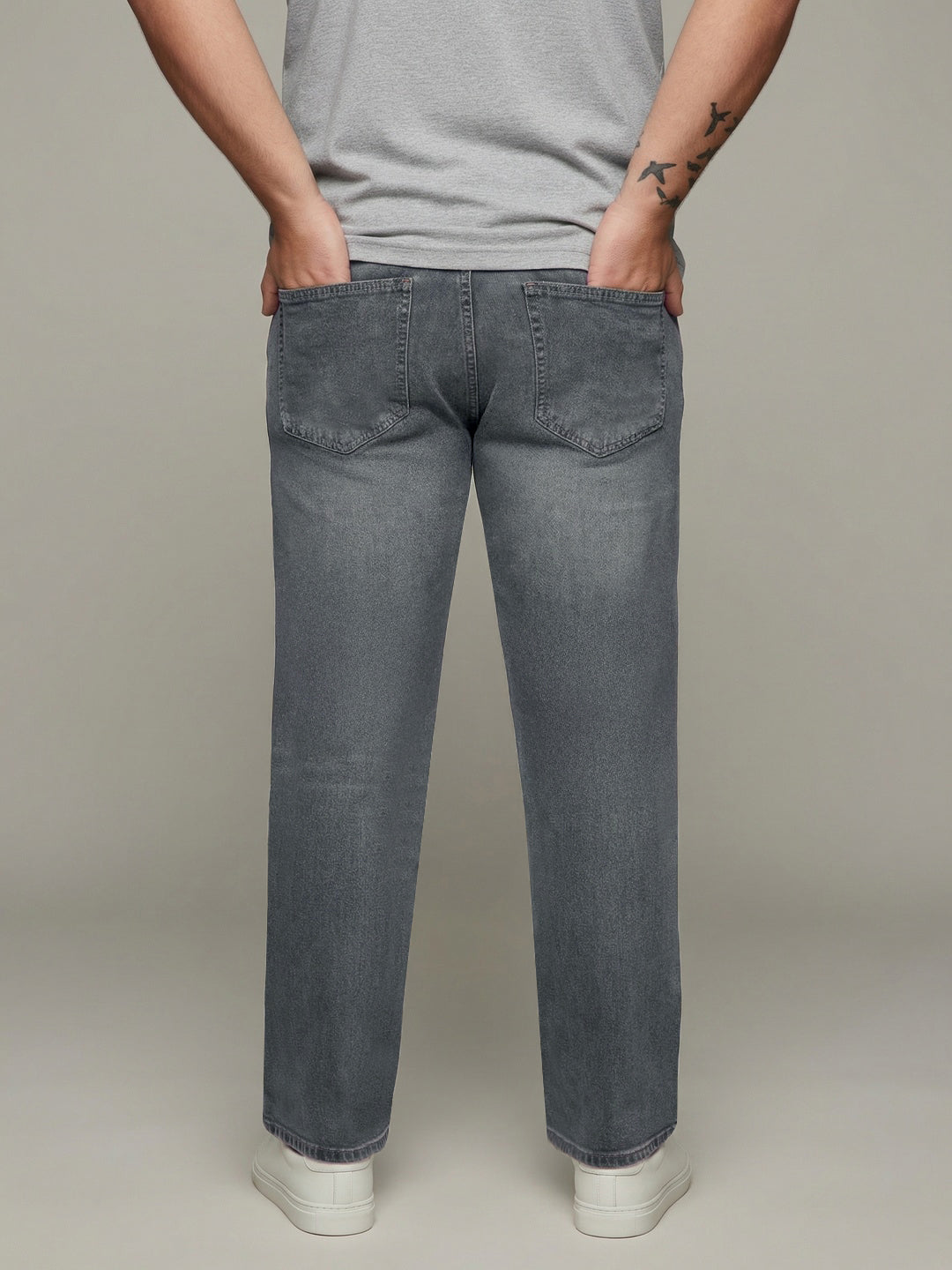 Plus Men's Light Grey Relaxed Fit Washed Denim Jeans Non-Stretchable