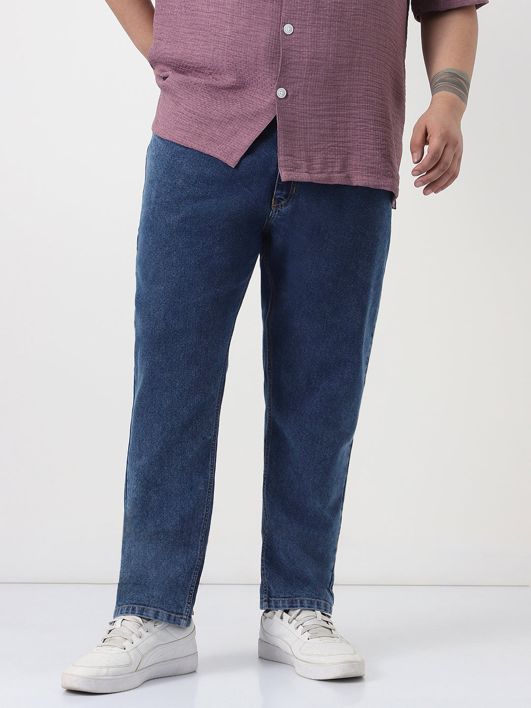 Plus Men's Dark Blue Slim Fit Washed Denim Jeans Stretchable