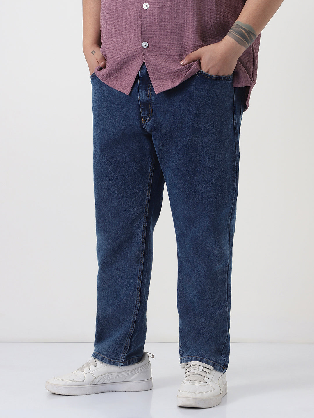 Plus Men's Dark Blue Slim Fit Washed Denim Jeans Stretchable