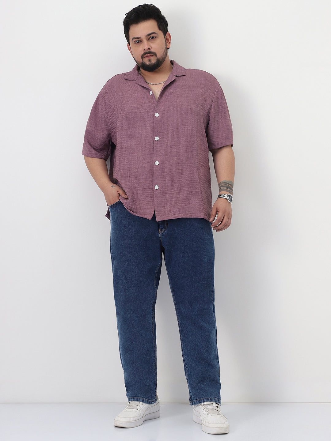 Plus Men's Dark Blue Slim Fit Washed Denim Jeans Stretchable