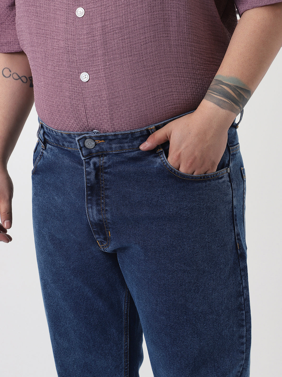 Plus Men's Dark Blue Slim Fit Washed Denim Jeans Stretchable