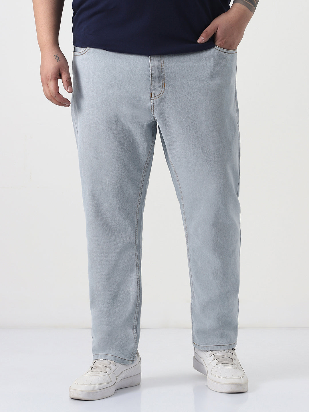 Plus Men's Ice Grey Slim Fit Washed Denim Jeans Stretchable