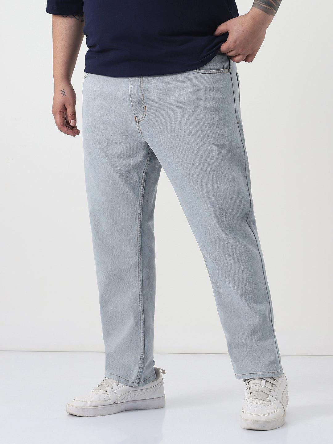 Plus Men's Ice Grey Slim Fit Washed Denim Jeans Stretchable