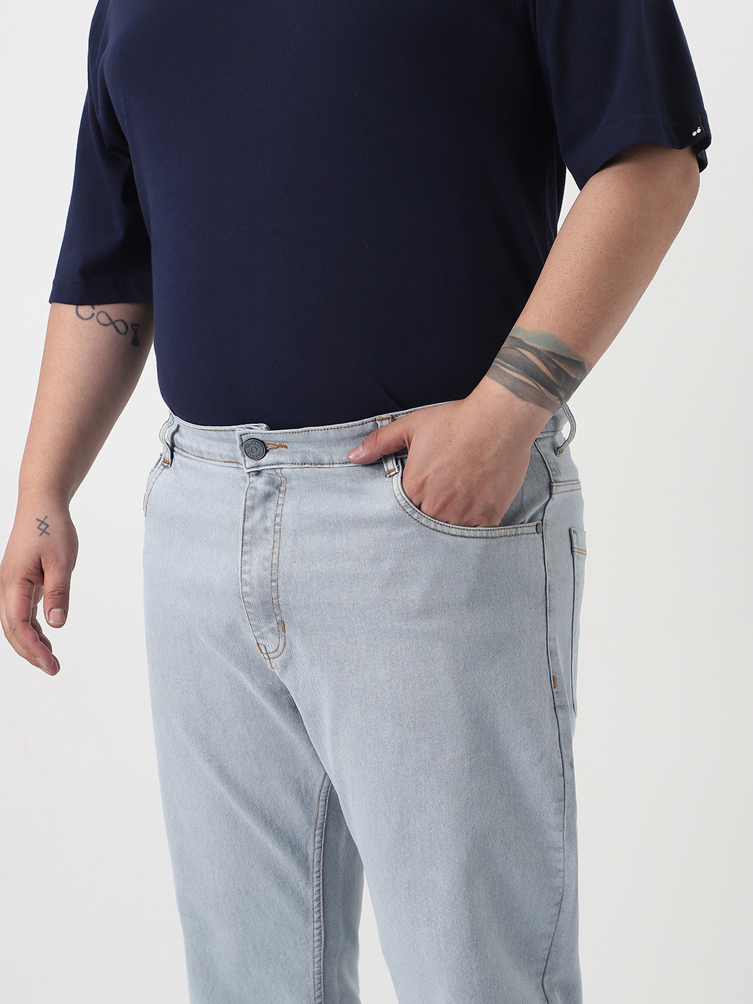 Plus Men's Ice Grey Slim Fit Washed Denim Jeans Stretchable