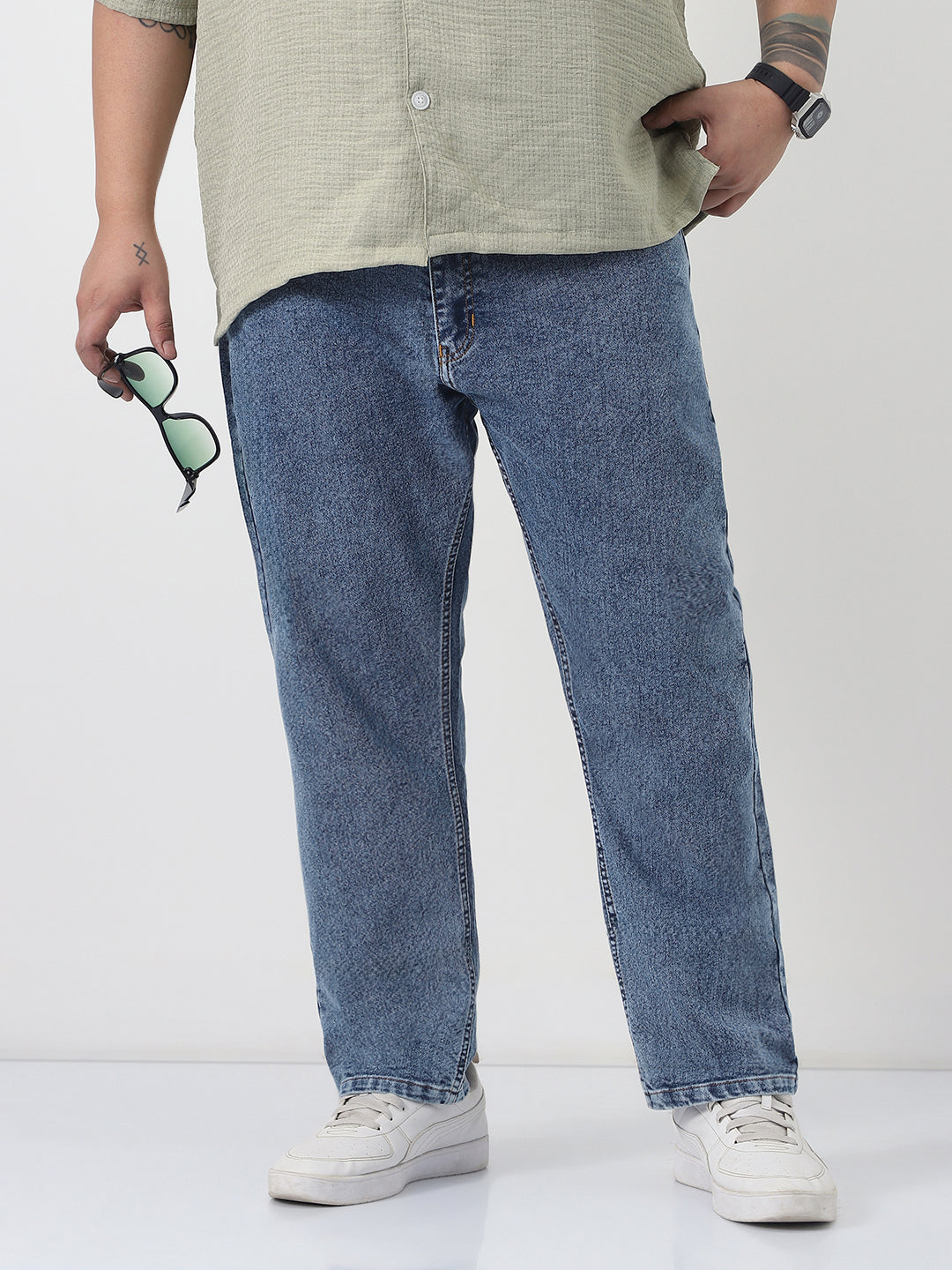 Plus Men's Light Blue Slim Fit Washed Denim Jeans Stretchable