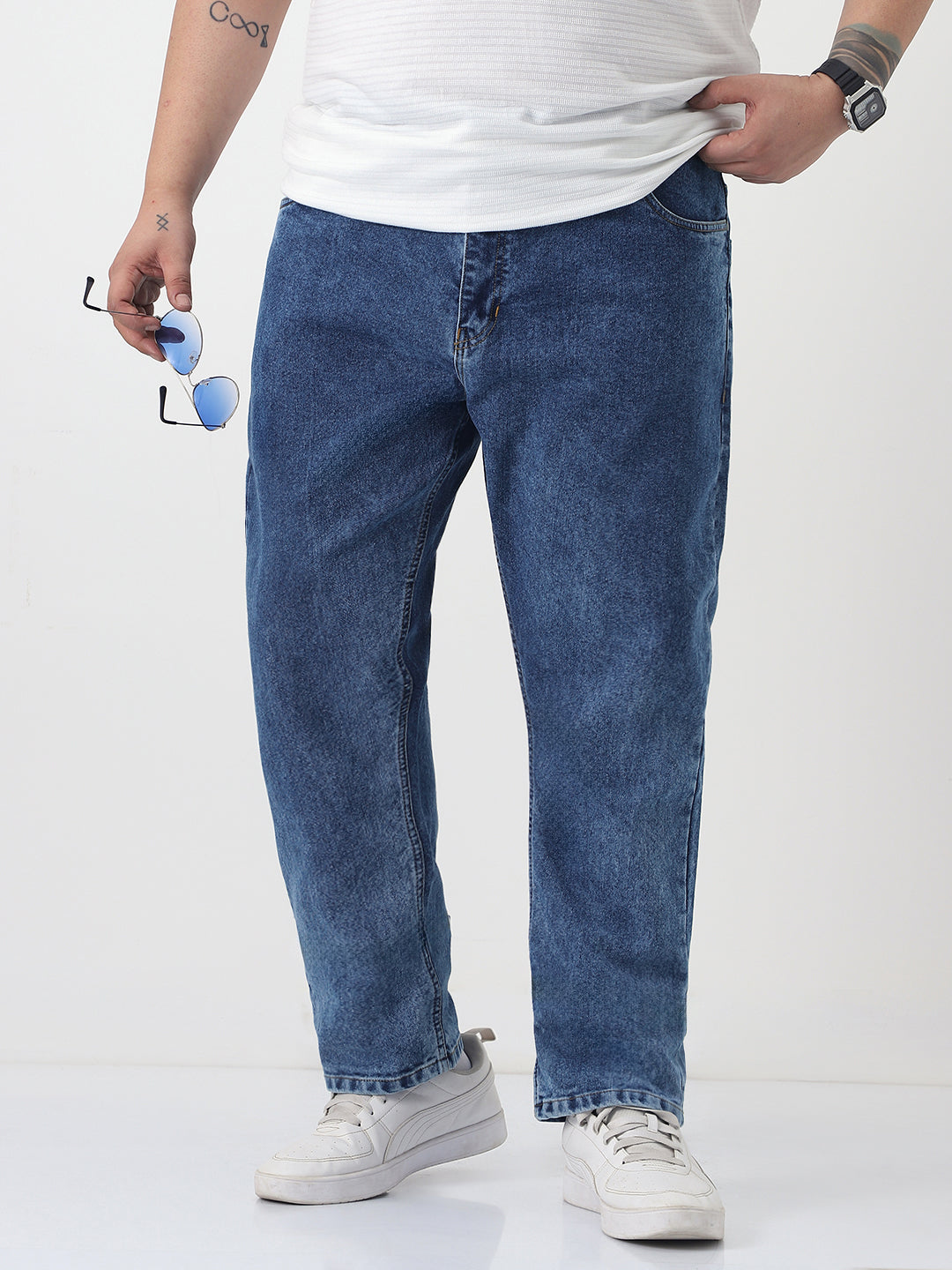 Plus Men's Blue Slim Fit Washed Denim Jeans Stretchable