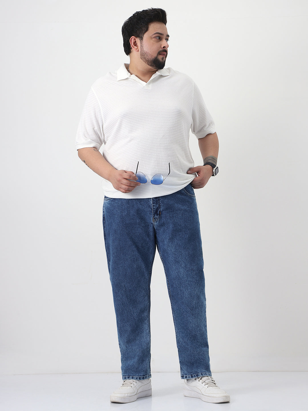 Plus Men's Blue Slim Fit Washed Denim Jeans Stretchable