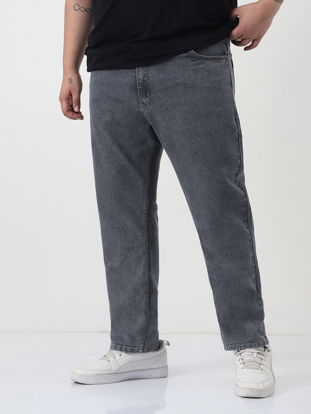 Plus Men's Grey Slim Fit Washed Denim Jeans Stretchable