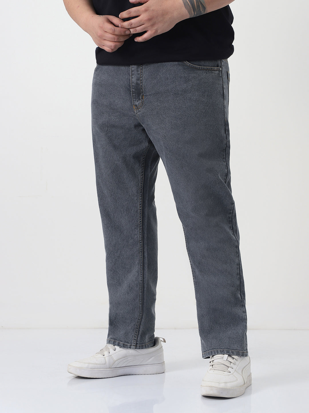 Plus Men's Grey Slim Fit Washed Denim Jeans Stretchable