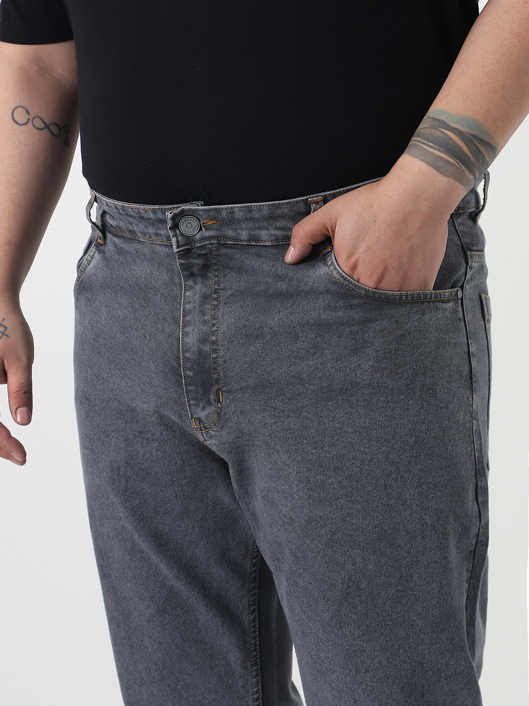 Plus Men's Grey Slim Fit Washed Denim Jeans Stretchable