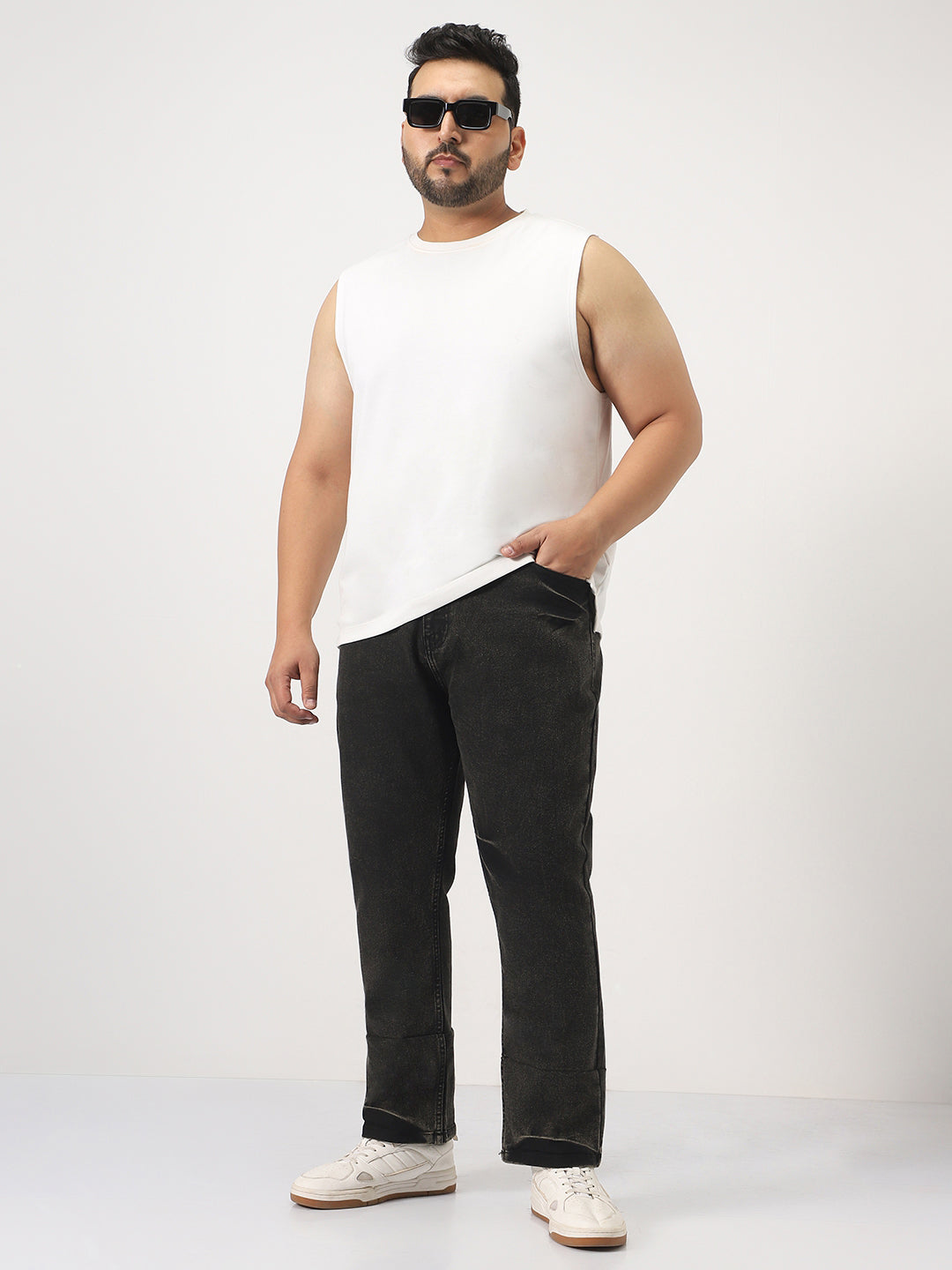 Plus Men's Black Straight Fit Heavy Washed Jeans Stretchable