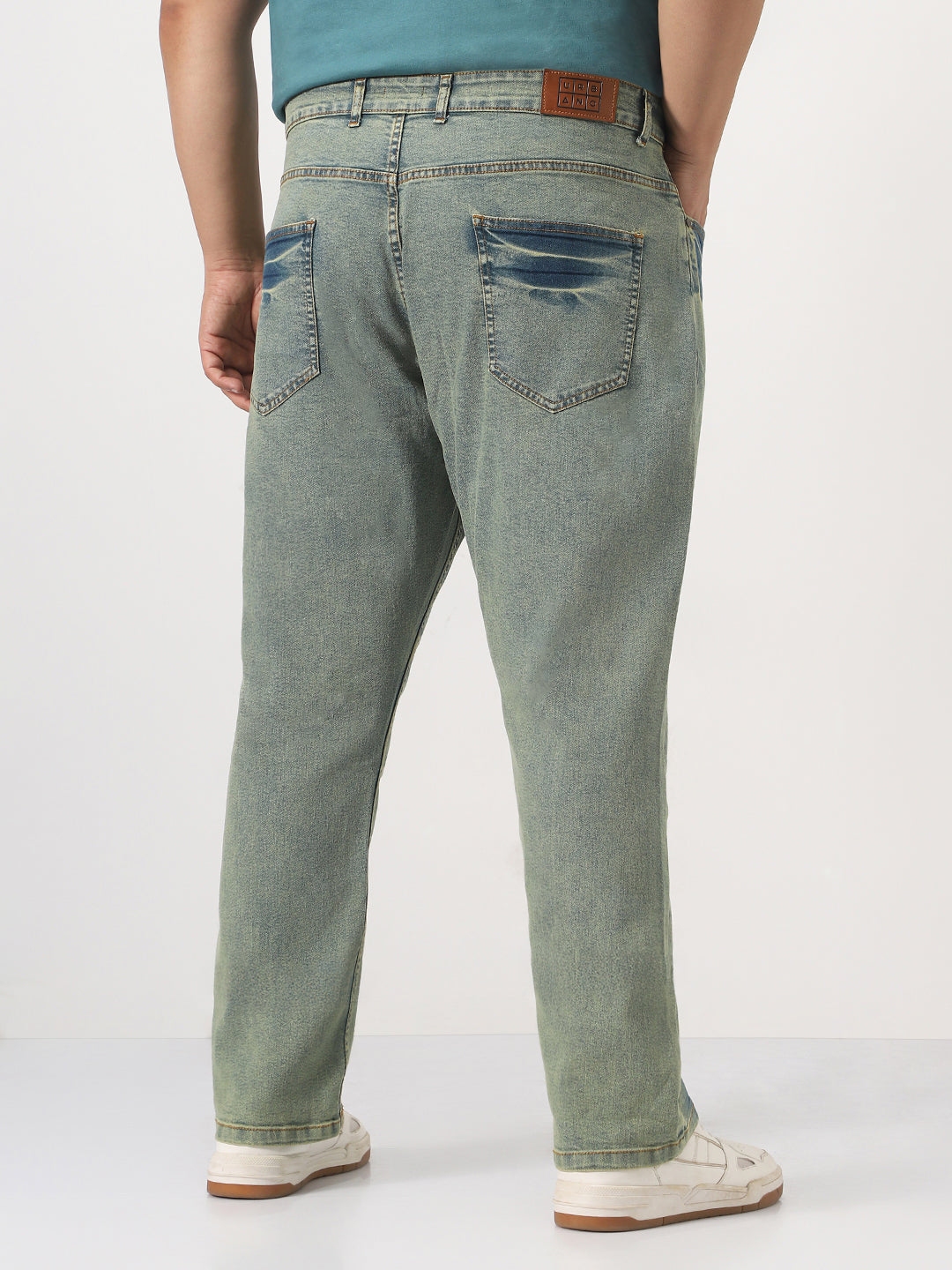 Plus Men's Ice Blue Straight Fit Heavy Washed Jeans Stretchable