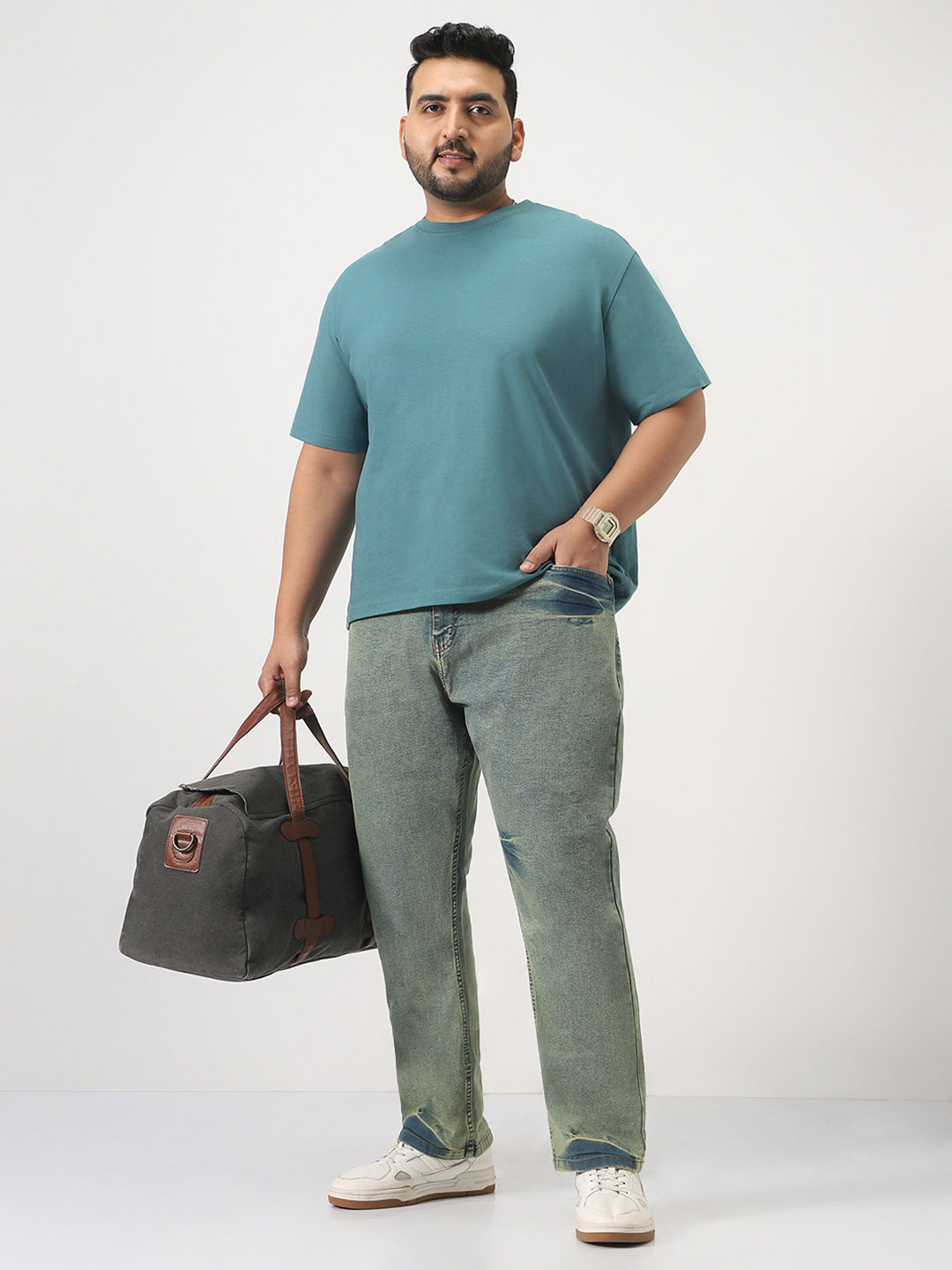 Plus Men's Ice Blue Straight Fit Heavy Washed Jeans Stretchable